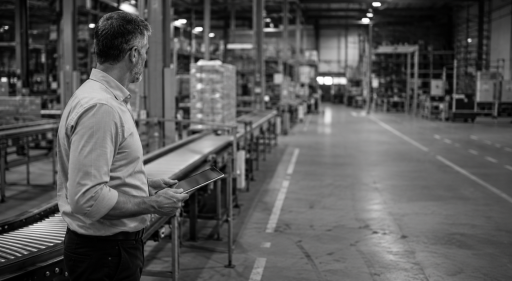 Responsable revisando un proceso industrial en planta
