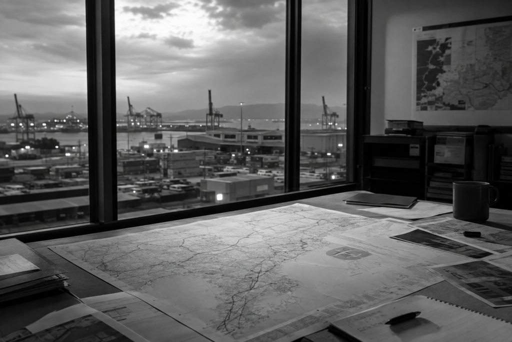 Mapas, rutas e infraestructura logística observados desde una sala de operaciones