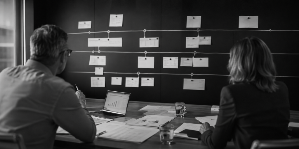 Dos profesionales revisando un roadmap de acciones y prioridades operativas